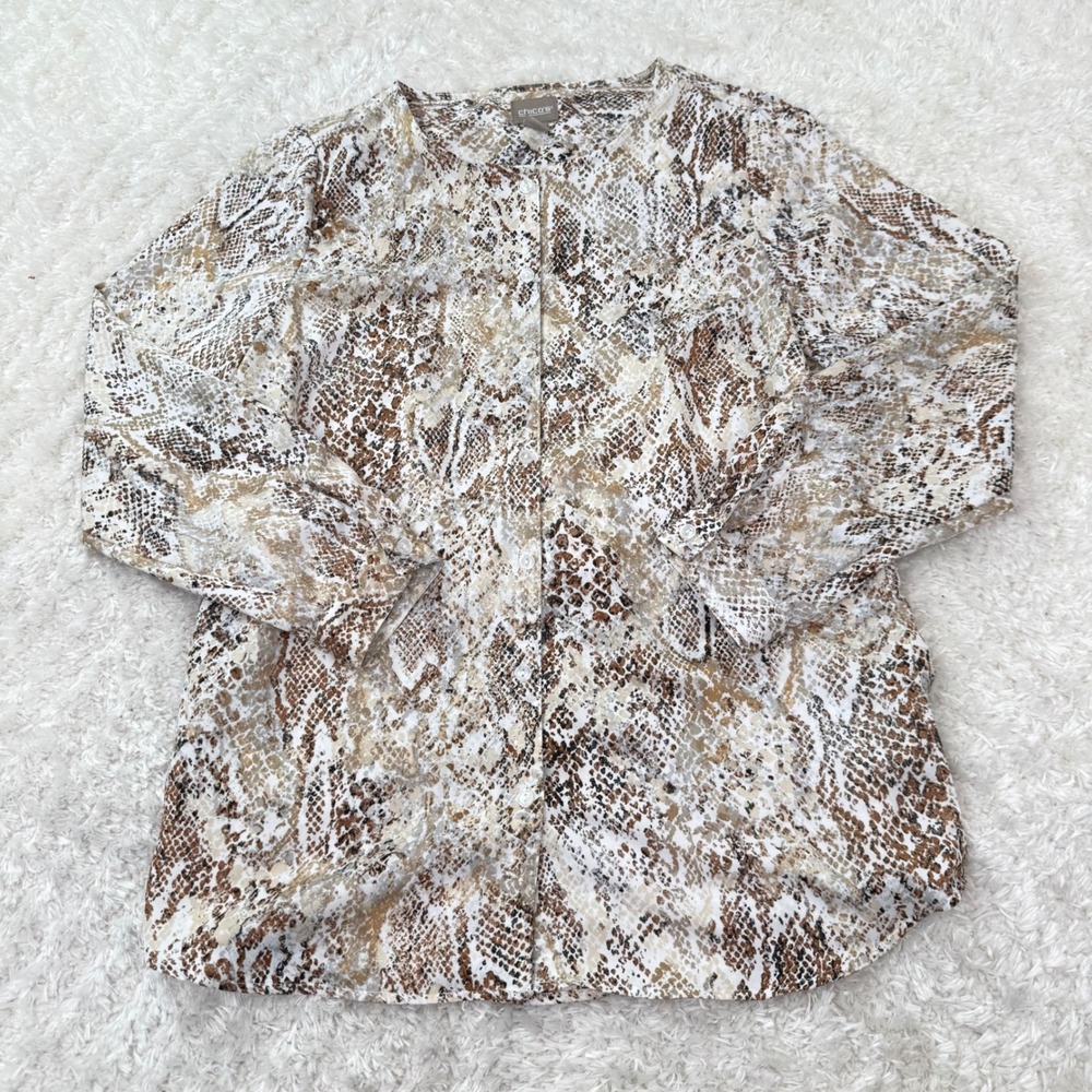 Chico's Blouse 0 Snakeskin Print Tunic  Long Sleeve Neutral Colors Office Career